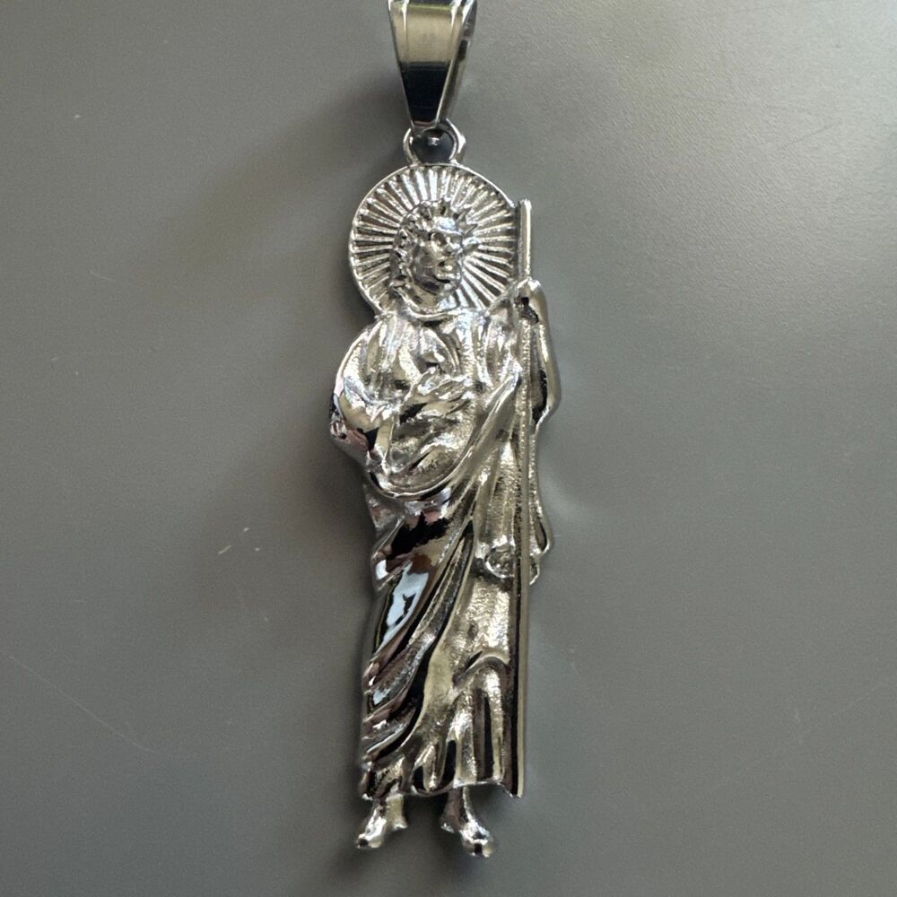 St. Jude Thaddeus Religious Pendant Silver Tone Stainless Steel 24” Chain Jesus